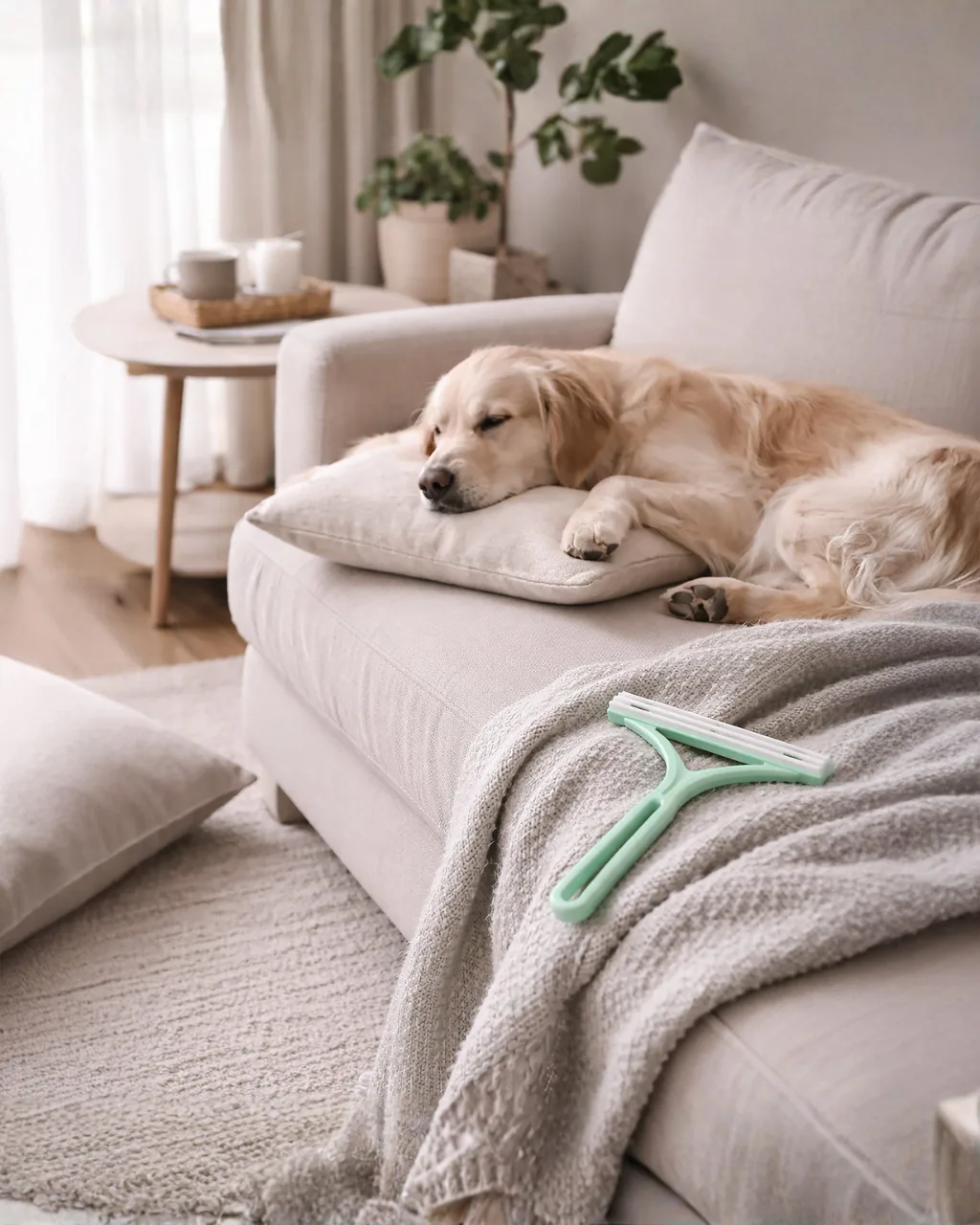 Golden retriever on sofa with The Everyday Brush